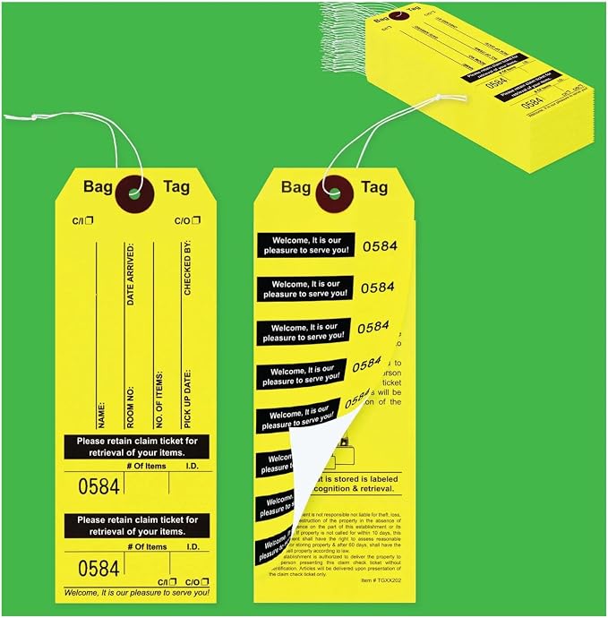 1000 Yellow Bag Claim Check Tags with Elastic String, Printed in Black Ink with 8 Labels & Matching Numbers for Multiple Bags. Hotel Bag Tags for Organizing Luggage. Size: 6 3/4" (H) x2 1/2" (W).