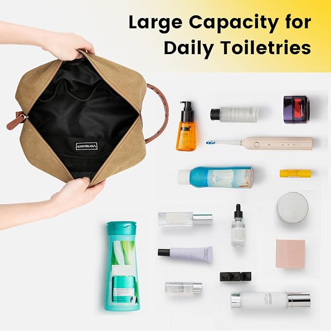 Vorspack Travel Toiletry Bag - Hanging Toiletry Bag for Men Water Resistant Canvas Shaving Bag with Large Capacity for Travel - Brown
