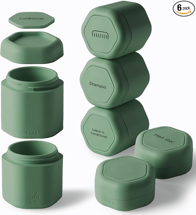 Cadence Travel Containers - 6 Piece Haircare Set - Magnetic Travel Capsules - 2 Small & 4 Medium Capsules - Shampoo, Conditioner, Leave-In Conditioner, Comb, Hair Serum, Hair Gel Labels - Eucalyptus