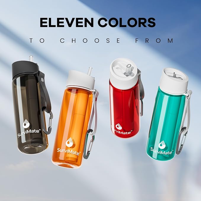 SurviMate 5-Stage 0.01μm Ultra-Filtration Filtered Water Bottle, BPA-Free Material, NSF/ANSI 42 Certified, Portable Water Filter Bottle for Survival, Camping, Hiking, and Emergency Use