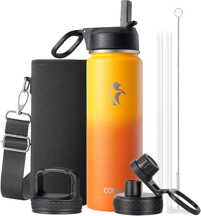Coolflask Water Bottle 20 oz Insulated with Straw, Stainless Steel Metal 3 Lids Water Flask Wide Mouth for Sports or Office, Non-BPA Keep Cold Up to 48 Hrs or Hot Up to 24 Hrs, Ombre Yellow/Orange