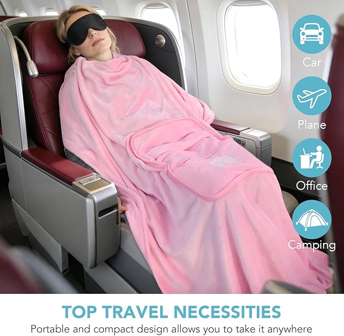 SINLAND Travel Pillow and Blanket 2-in-1 Set,Airplane Packable Bag,Soft and Lightweight Plane Flight Car Trips Travel Essentials Gift,Hand Luggage Sleeve and Backpack Clip,60x53 Inch Pink
