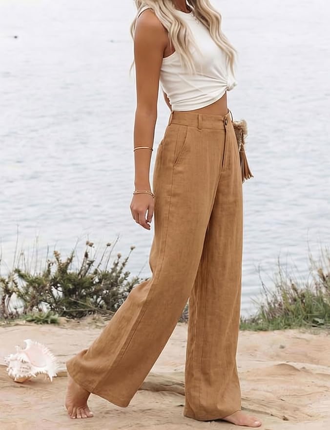 Hooever Womens Cotton Linen Pants Casual Button Up High Waisted Wide Leg Trousers
