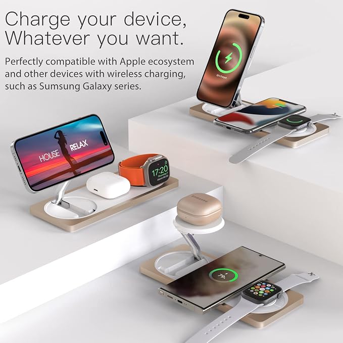 PETINO 3 in 1 Wireless Charging Station for Apple Devices with MagSafe | For iPhone 17/Air/16/15/14/13/12, AirPods & Apple Watch, Foldable Portable Aluminum Charging Stand, Adapter Included
