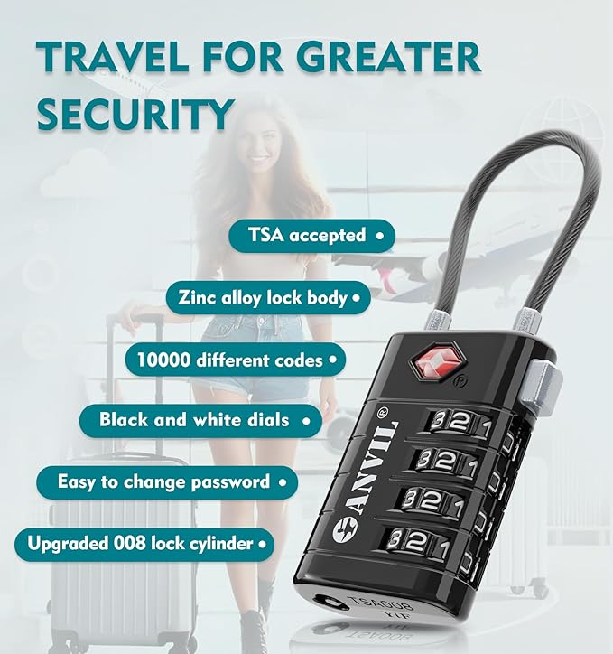 ANVIL TSA Approved Luggage Locks with Search Alert Indicator, 4-Digit Combination Suitcase Lock, Advanced TSA008 Core Heavy Duty Anti-Theft Travel Lock for Double Zippers, Backpacks