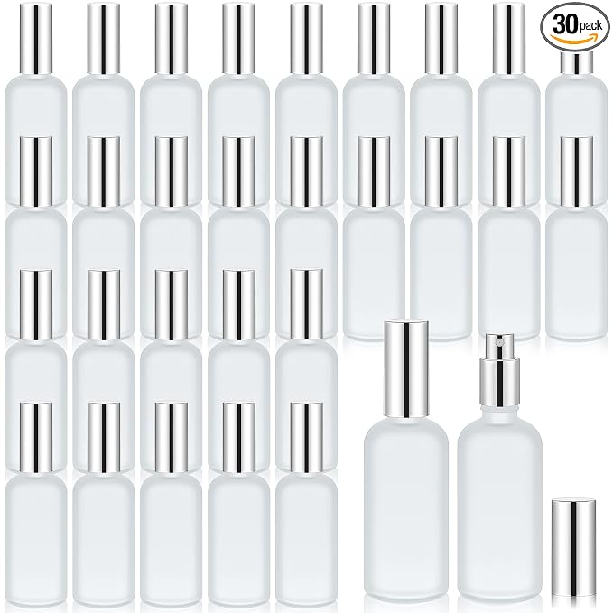 Roshtia 30 Pcs Glass Spray Bottle Clear Empty Bottles Small Refillable Reusable Perfume Bottle with Fine Mist Sprayer Pump for Face Body Travel(3.4 oz,Silver)