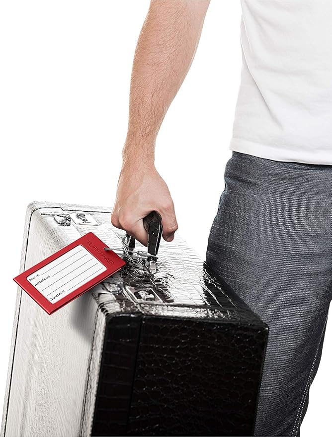 Luggage Tags Business Card Holder by TUFFTAAG - Durable Travel ID Bag Tag, Red Steel, 2 Tags