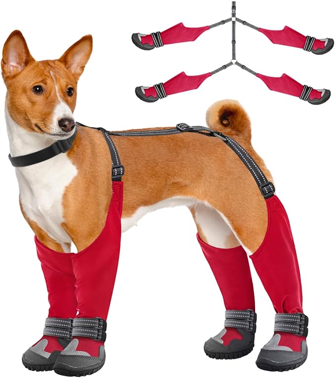 Idepet Dog Suspender Boots, Tall Dog Boots Anti-Slip & Fall Waterproof Shoes Leggings, Adjustable Suspender Boots for Winter Snow Rain Hiking Paws Protector (Red, 4)