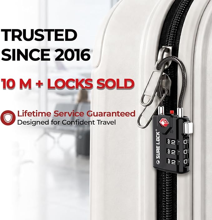 SURE LOCK TSA Compatible Travel Luggage Locks, Inspection Indicator, Easy Read Dials TSA Approved with Zinc Alloy (1, Black 8 Pack)
