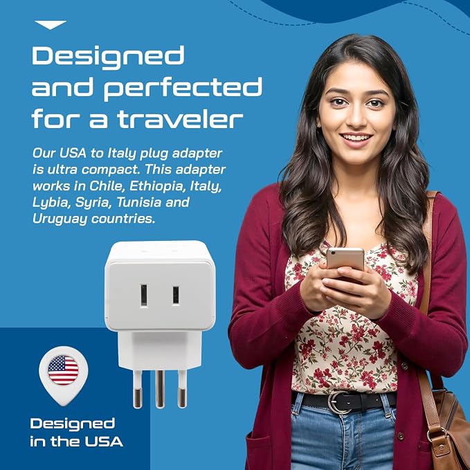 Ceptics Italy Travel Adapter, QC 3.0 & PD, Safe Dual USB & USB-C - 2 USA Socket Compact & Powerful - Use in Uruguay, Libya, Syria, Tunisia, Chile - Type L AP-12 - Fast Charging (AP-12A)