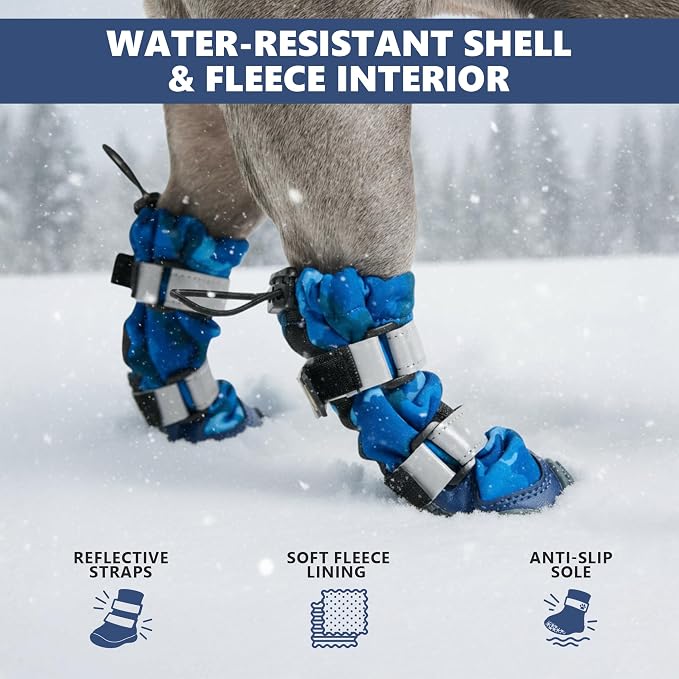 Spark Paws Dog Rainboots, Waterproof Dog Shoes for Medium to Large Dogs, Non Slip, Dog Booties and Paw Protectors - 4PCS Doggie Hiking Boots with Reflective Straps - Blue Camo, Size 7