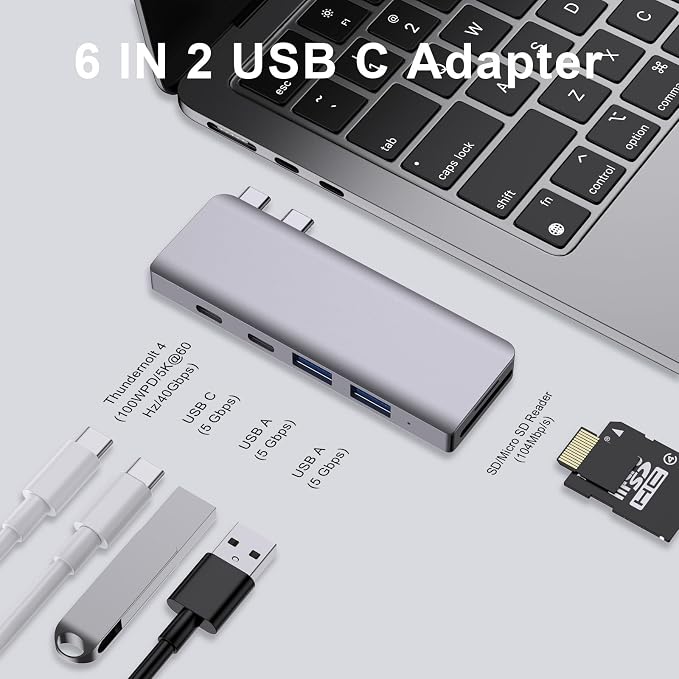 USB C Hub, 6 in 2 USB Adapter for MacBook Pro Air Thunderbolt 4 Dock with 100W PD, 40Gbps, USB-C 3.0, 2 USB-A 3.0, SD/TF Card Reader, Compatible with MacBook Pro Air M1/M2/M3/M4