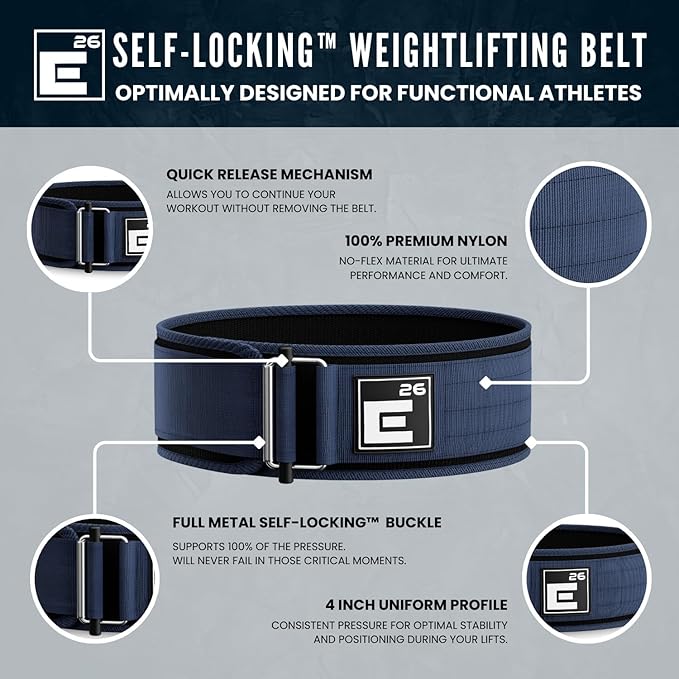 Element 26 Self-Locking Weight Lifting Belt - 4-Inch Nylon Support for Men and Women - Squat and Deadlift - Gym Training