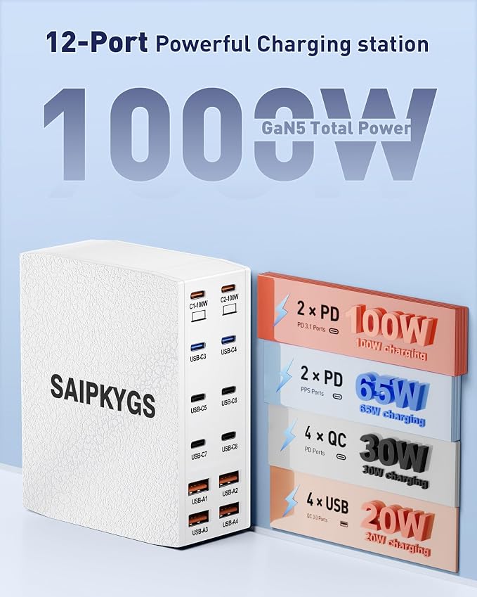 USB Charging Station (1000W),12-Port USB C Charger Block with Dual 100W PD USB-C Fast Charging Station Hub for MacBook Pro/Air/All iPad Phone 17/16 15/14/13/Pro Max/Samsung Galaxy Note(White)
