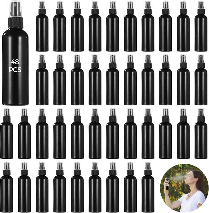 OMISTAR 48 Pcs 4 oz Plastic Spray Bottles - 120 ML Travel Size, Fine Mist Sprayers, Ideal for Perfumes, Cosmetics, Cleaning Solutions, and More, Black