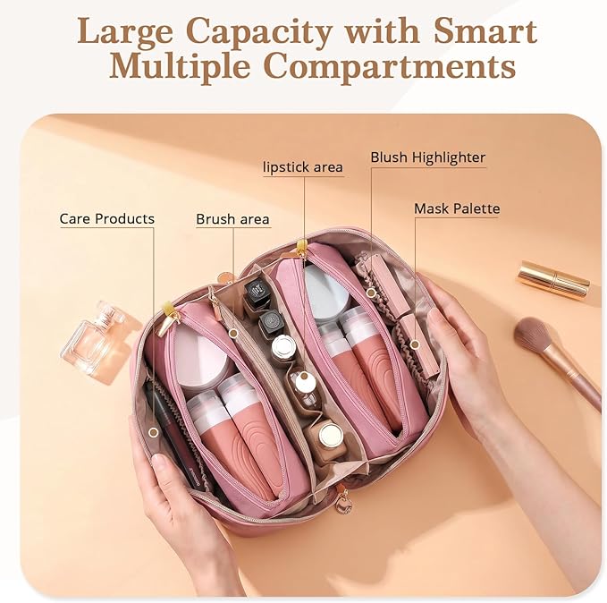 Travel Makeup Bag for Women: 3-in-1 Large Capacity Cosmetics Organizer with 2 Detachable Pouch - Vegan Leather Flat Open Toiletry Bag - Travel Essentials for Full-Sized Bottles(02-Pink)