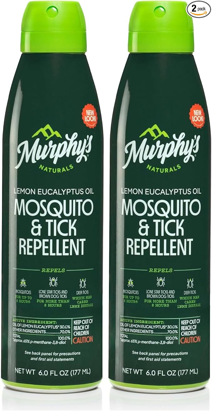 Murphy's Naturals Mosquito & Tick Bug Repellent Spray, Oil of Lemon Eucalyptus for Skin + Outdoor Gear, 6 Ounce Mist, 2-Pack