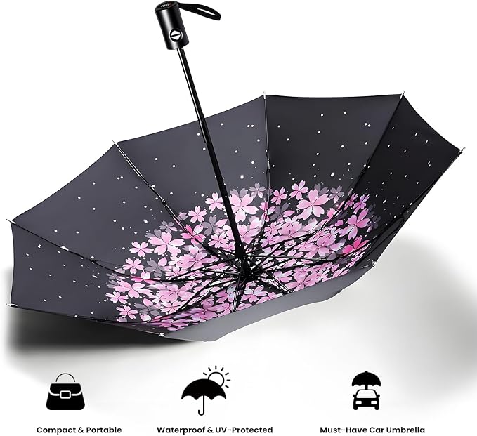 SIEPASA Compact Travel Umbrella - Windproof Auto Open/Close, Small Folding Umbrella for Rain & Sun with UPF50+ - Lightweight Frame, Waterproof - Fits Backpack, Purse, Suitcase.(Pink Cherry Bossom)