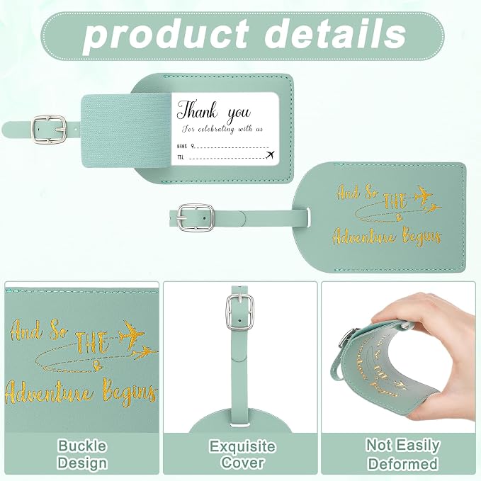 Sweetude 48 Sets Bulk Luggage Tags Wedding Favors and So The Adventure Begins Leather Luggage Tags for Suitcases with Name Card for Travel Themed Bridal Shower Graduation Party Favor(Light Green)
