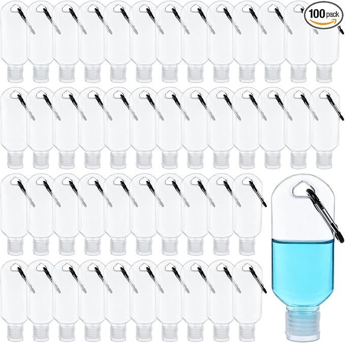 100 Pack 50ml Empty Travel Squeeze Bottles with Keychain Clips, Leak Proof Refillable PETG Bottles for Hand Sanitizer, Lotion, Toiletries, School, Office, Events and Party Favors