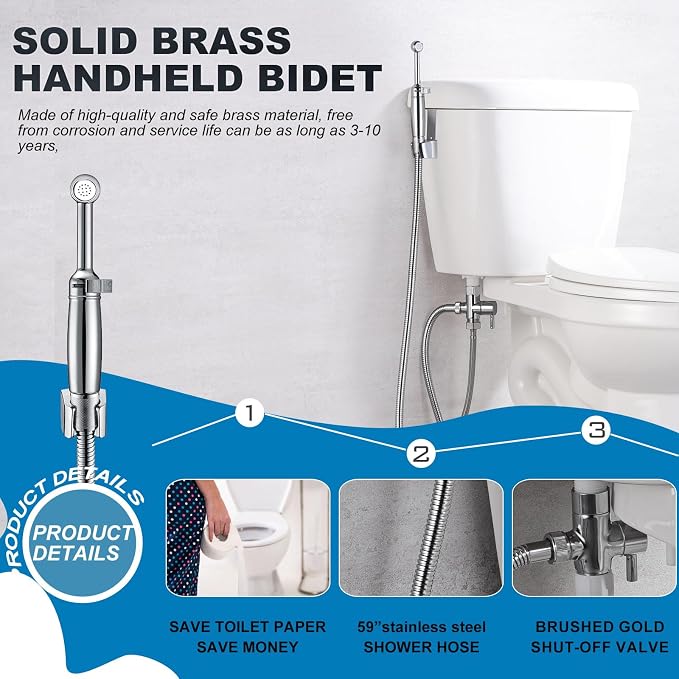 SonTiy Handheld Bidet Sprayer for Toilet, All Metal Cloth Diaper Toilet Sprayer Bidet Attachment with Backflow Preventer, Adjustable Water Jet Spray, 7.2" Brass Hand Held Bidet Wand, Chrome