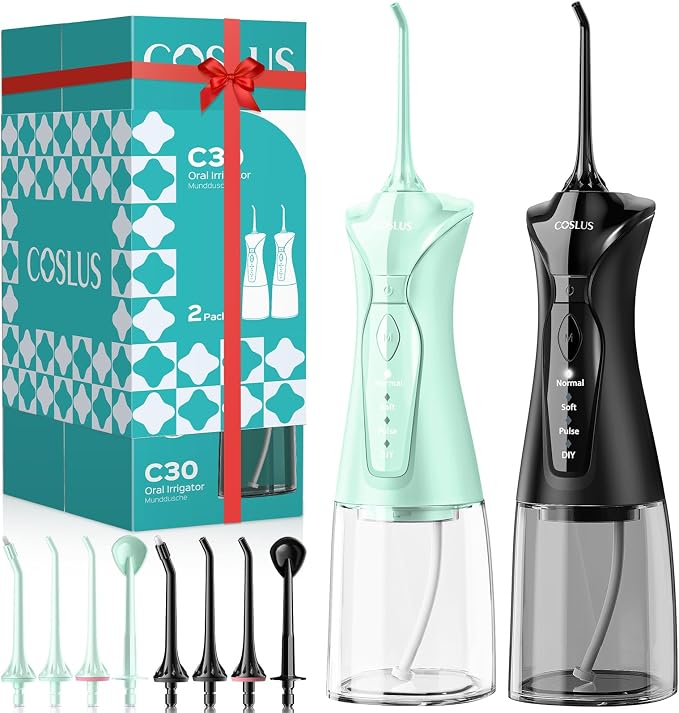 COSLUS Water Dental Flosser Pick for Teeth C30(FC5360): 4 Modes Cordless Portable 300ML Larger Tank Water Teeth Cleaner IPX7 Flossing Cleaning Picks for Home Travel Black Green 2pcs Portable Set