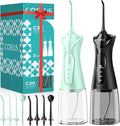 COSLUS Water Dental Flosser Pick for Teeth C30(FC5360): 4 Modes Cordless Portable 300ML Larger Tank Water Teeth Cleaner IPX7 Flossing Cleaning Picks for Home Travel Black Green 2pcs Portable Set