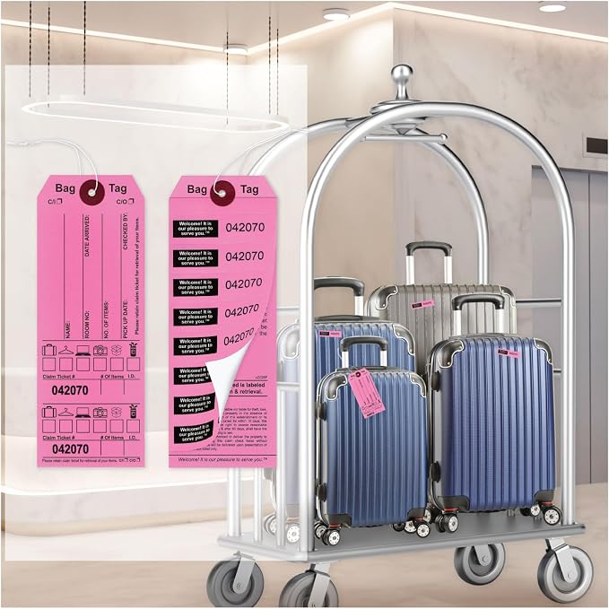 Pink Bag Claim Check Tags with Elastic string, Printed in Black ink with 8 labels & Matching Numbers For multiple bags. Hotel Bag Tags for Organizing Luggage. Size: 6 3/4" (H) x 2 1/2" (W). 1000 Tags.