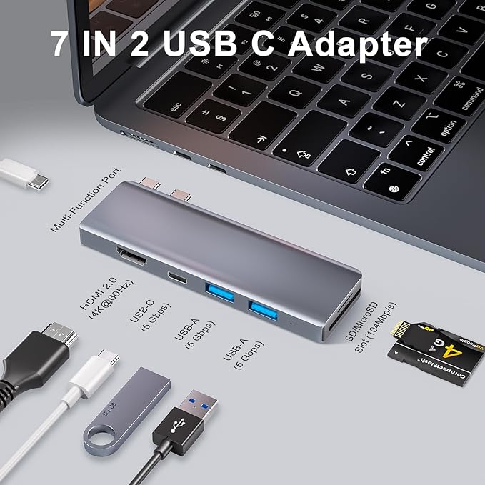 USB C Hub, USB C Adapter, 7 in 2 USB-C Hub for MacBook with Thunderbolt 4, 4K HDMI, Type C, 2 USB A, SD/TF Card Reader, Compatible with MacBook Pro 2016-2024, MacBook Air 2018-2025