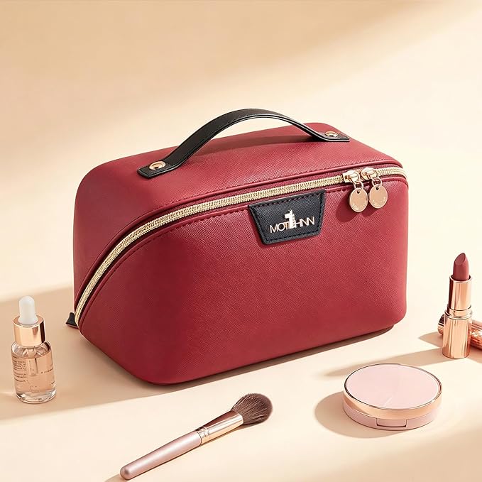 Travel Makeup Bag for Women: 3-in-1 Large Capacity Cosmetics Organizer with 2 Detachable Pouch - Vegan Leather Flat Open Toiletry Bag - Portable Travel Essentials for Full-Sized Bottles(Red)
