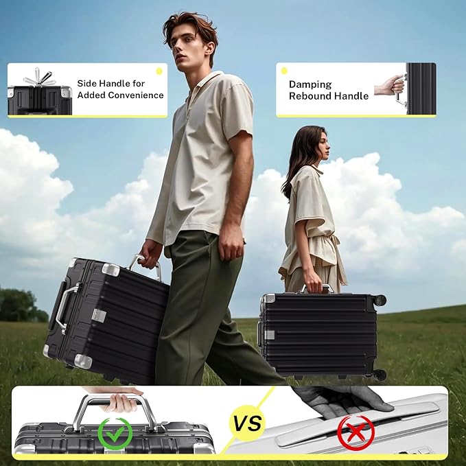 Krute Aluminum Frame Luggage 28 Inch Checked Suitcase with Spinner Wheels TSA Approved No Zipper Hard Shell Luggage PC+ABS Travel Suitcase Black