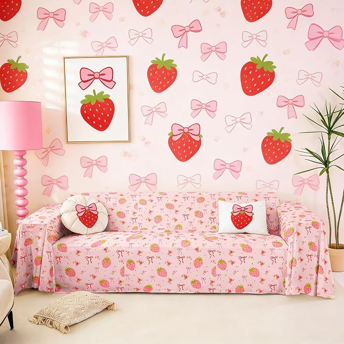 Strawberry Pet Couch Cover Pink Bow Dogs Washable Non-Slip Couch Protector Princess Silk Ribbon Cute Bowknot Boho Floral Flowers Kawaii Pet Friendly Dog Mat for Couches and Sofas,91" x 134"
