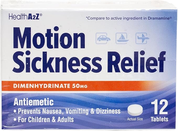 HealthA2Z® Motion Sickness Relief | Dimenhydrinate 50mg | Antiemetic | Prevents Nausea, Vomiting & Diziness | for Children & Adults (36 Counts (Pack of 3))