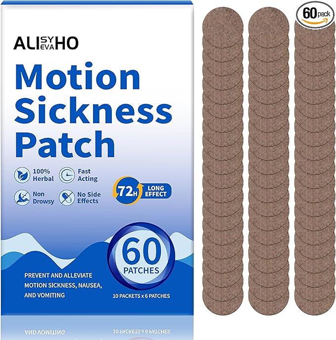 Motion Sickness Patches 60ct – Non-Drowsy Sea Sickness Patches for Cruise, Car, Airplane & Travel – 72H Long-Lasting Travel Essentials for Adults & Kids