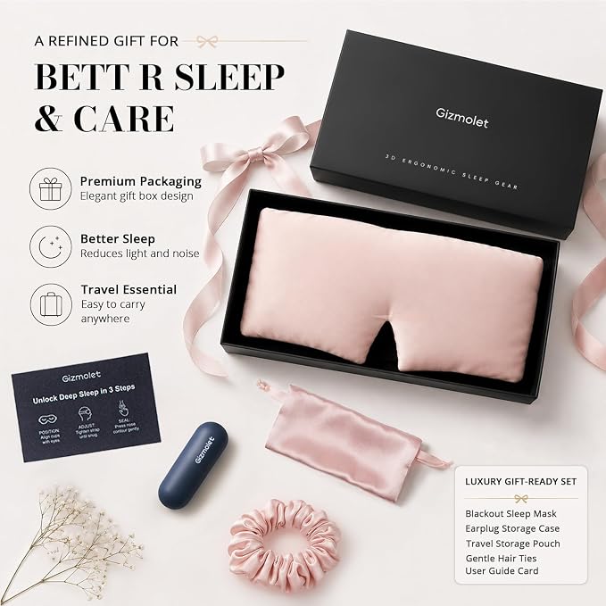 22 Momme Pure Mulberry Silk Sleep Mask, 3D Contoured Cup Eye Mask for Sleeping, Super Soft Breathable Blindfold with Adjustable Strap, Perfect Blocks Light for All Night Sleep, Pink