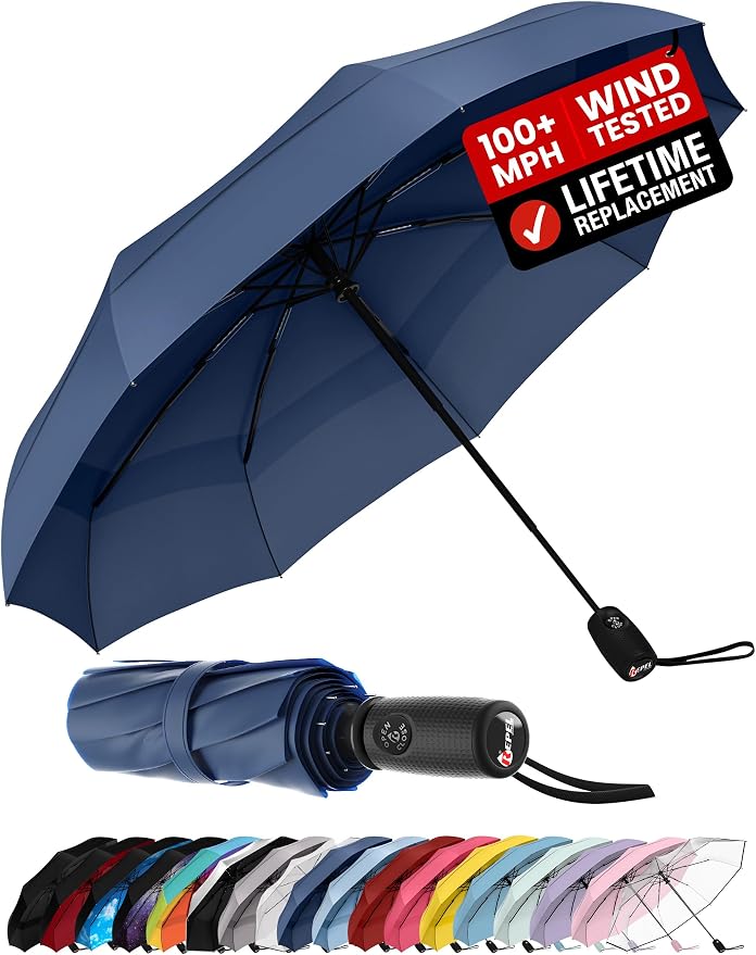 Repel Windproof Travel Umbrella - Compact & Withstands Winds up to 100MPH , Strongest Premium Auto Folding Umbrella for Rain and Sun - Durable, Light & Portable for Women & Men , Fits Backpack & Cars