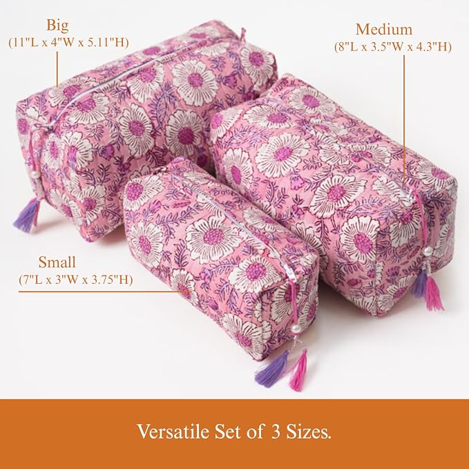 Saffron Marigold Quilted Makeup Bag Set of 3, Hand Block Printed Cotton Cosmetic Bags for Women, Waterproof Lined Travel Toiletry Bag, Coquette Floral Aesthetic, Handmade Gift, Lavendar & Rose Milk