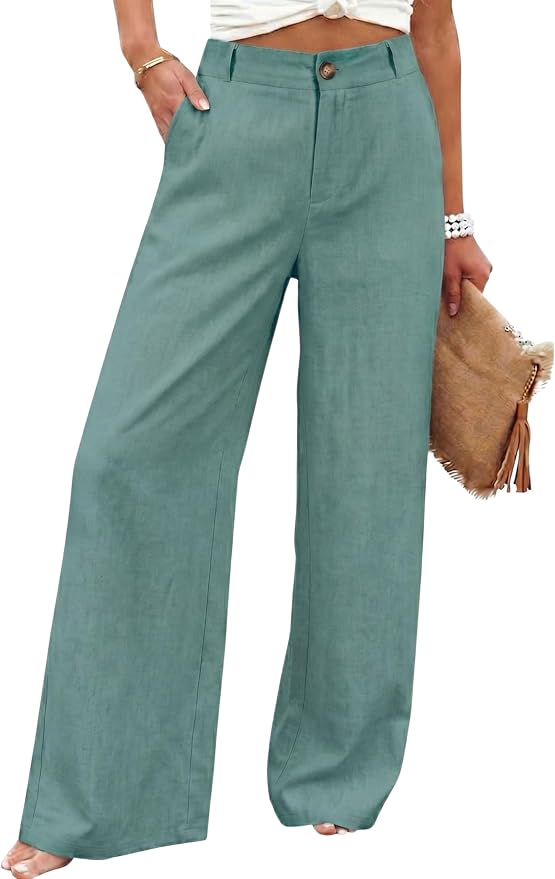 Hooever Womens Cotton Linen Pants Casual Button Up High Waisted Wide Leg Trousers