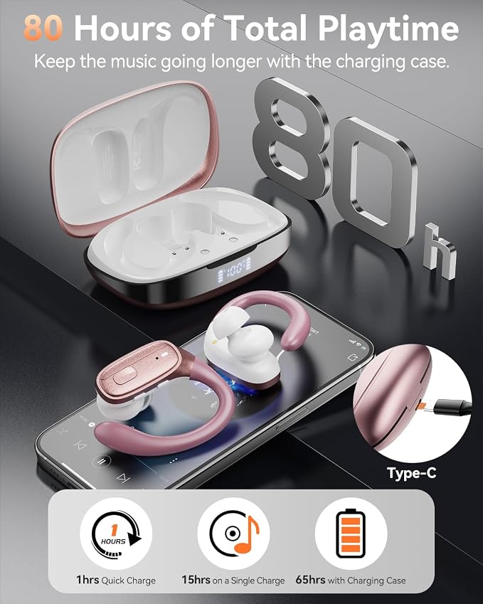 LEEMC Wireless Earbuds, Bluetooth Headphones 5.4, 80Hr Playtime Ear Buds with Hooks for Sports, Noise Canceling, LED Display, IPX7 Waterproof Earphones for Workout Running, Rosegold