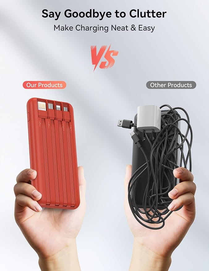Nusyddy Portable Charger 10000mAh PD20W w/4 Built-in Cables/6 Outputs Red | PD20W Fast Charging, LED Display, Pass Through Charging, Charge 6 Devices at once, TSA Approved, Fits iPhone, iPad, Samsung