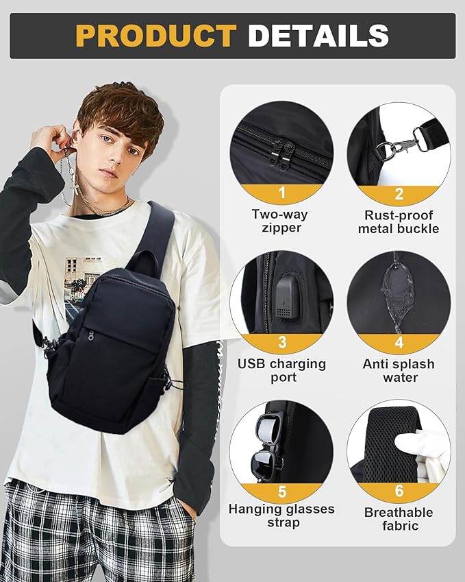 SEAFEW Medium Black Black Sling Bag for Men and Women - Sport Crossbody Backpack for Pickleball, Tennis, Racketball
