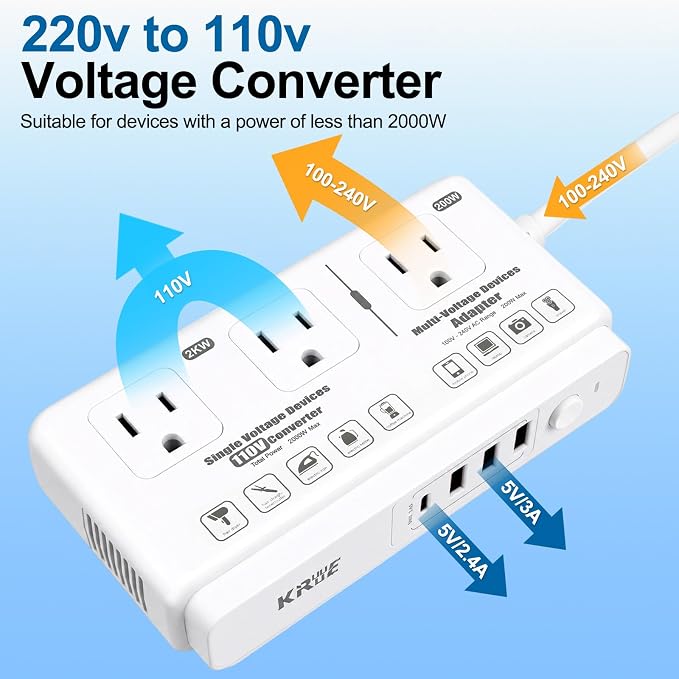 220v to 110v Travel Voltage Converter: International Universal Voltage Converter US to Europe Power Strip Plug Transformer - 2000W Electric Hair Dryer Step Down Outlet Converters for European UK EU