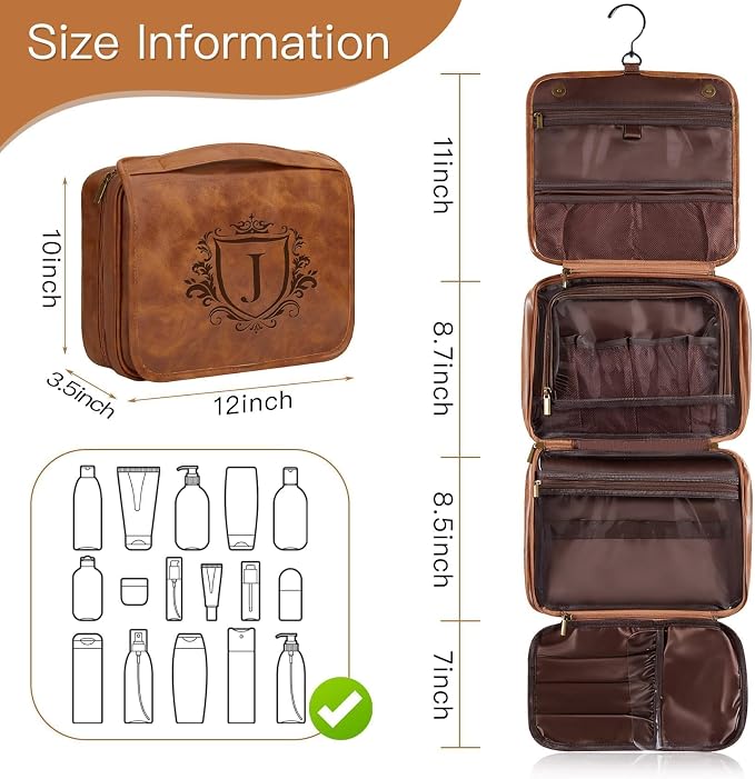 Personalized 3-in-1 Hanging Toiletry Bag Fathers Day Birthday Gifts for Men Dad Husband, Custom Initial Large Waterproof PU Leather Dopp Kit Shaving Bag Travel Essential for Him Light Brown Y