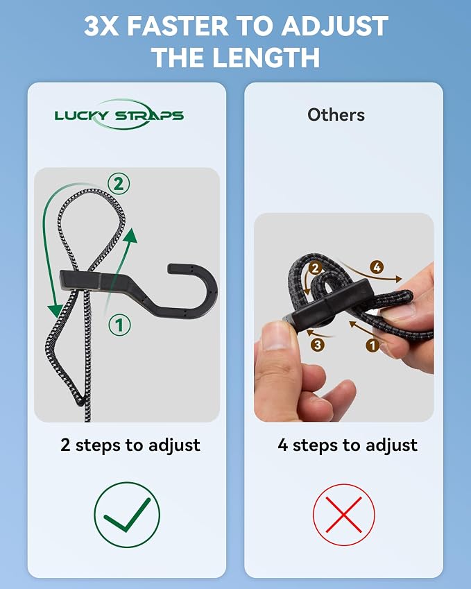 6 Pcs 80 Inch Flat Adjustable Bungee Cords with Hooks, 3X Faster to Adjust The Length, Lucky Straps Black Heavy Duty Bungee Straps for Cargo, Bike, Cart, Tent, Truck, Camping, Outdoor, etc