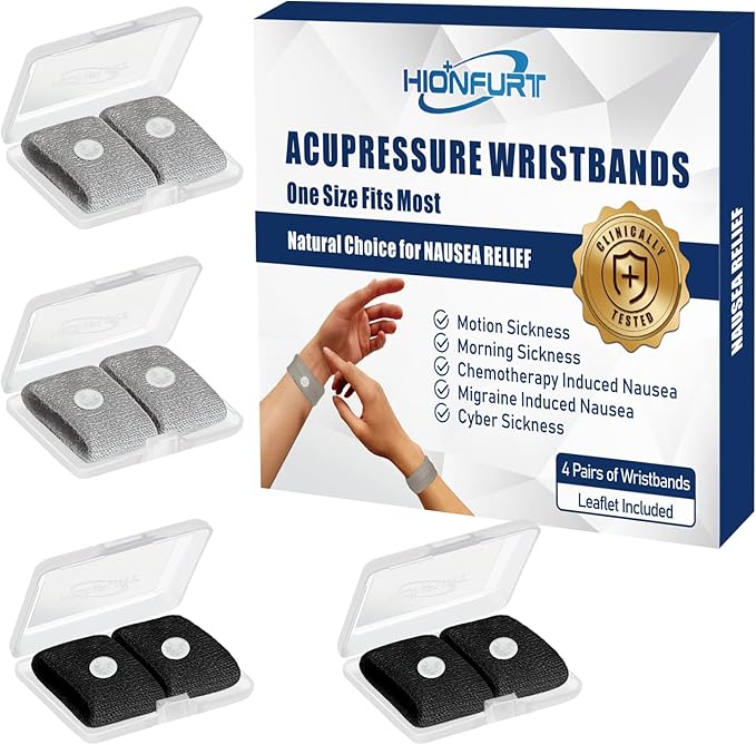 Hionfurt Motion Sickness Bands Anti Nausea Wristband for Adult and Kids Morning Sickness Relief for Pregnant Women Acupressure Nausea Relief for Car, Sea, Air Sickness - 2 Pairs Gray + 2 Pairs Black