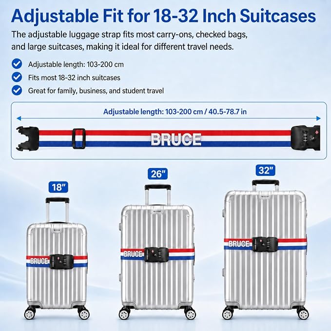 Personalized Luggage Strap with TSA Compatible Combination Lock,1 Piece Custom Embroidered Name Suitcase Belt, 200CM Adjustable Travel Identifier for 18-32 Inch Bags(1)