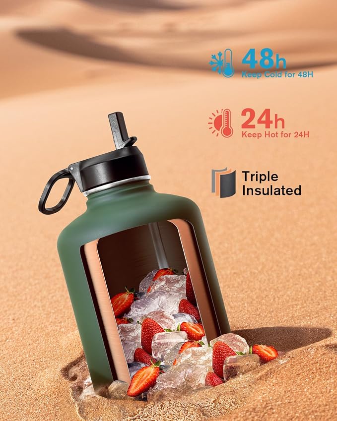 Coolflask 128 oz Gallon Water Bottle Insulated with Straw&3 Lids, Water Jug Large Stainless Steel Metal Vacuum Wide Mouth for Sports, Gym or Office, Non-BPA Keep Cold 48H Hot 24H, Dark Green