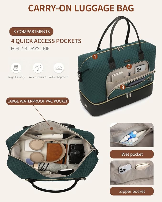 Weekender Bags for Women Travel, Under Seat Carry On Bags for Airplanes Overnight Bag with Shoe Compartment Luggage Sleeve, Foldie Travel Tote Bag Hospital Bag, Travel Gifts, DarkGreen Black
