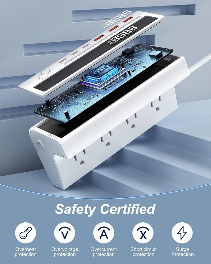 10-in-1 USB Charging Station, 4 Outlets Power Strip with 6 USB, 5 FT Long Extension Cord, 45° Flat Plug, 20W Fast Mulit Charging Station for Home Office Travel Plug Extension Outlet (White)