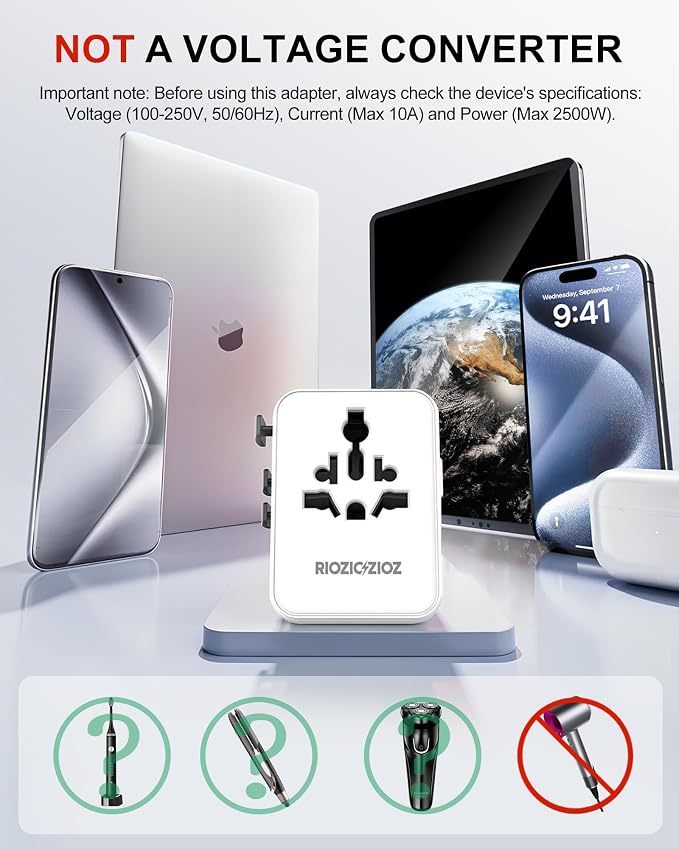 70W Universal Travel Plug Adapter,7-Port PD&QC Fast Charging Power Adapter(2AC&2USB-A&3USB-C),Worldwide Outlet Wall Charger for USA/EU/UK/AUS Over 200 Countries-Type C/A/G/I